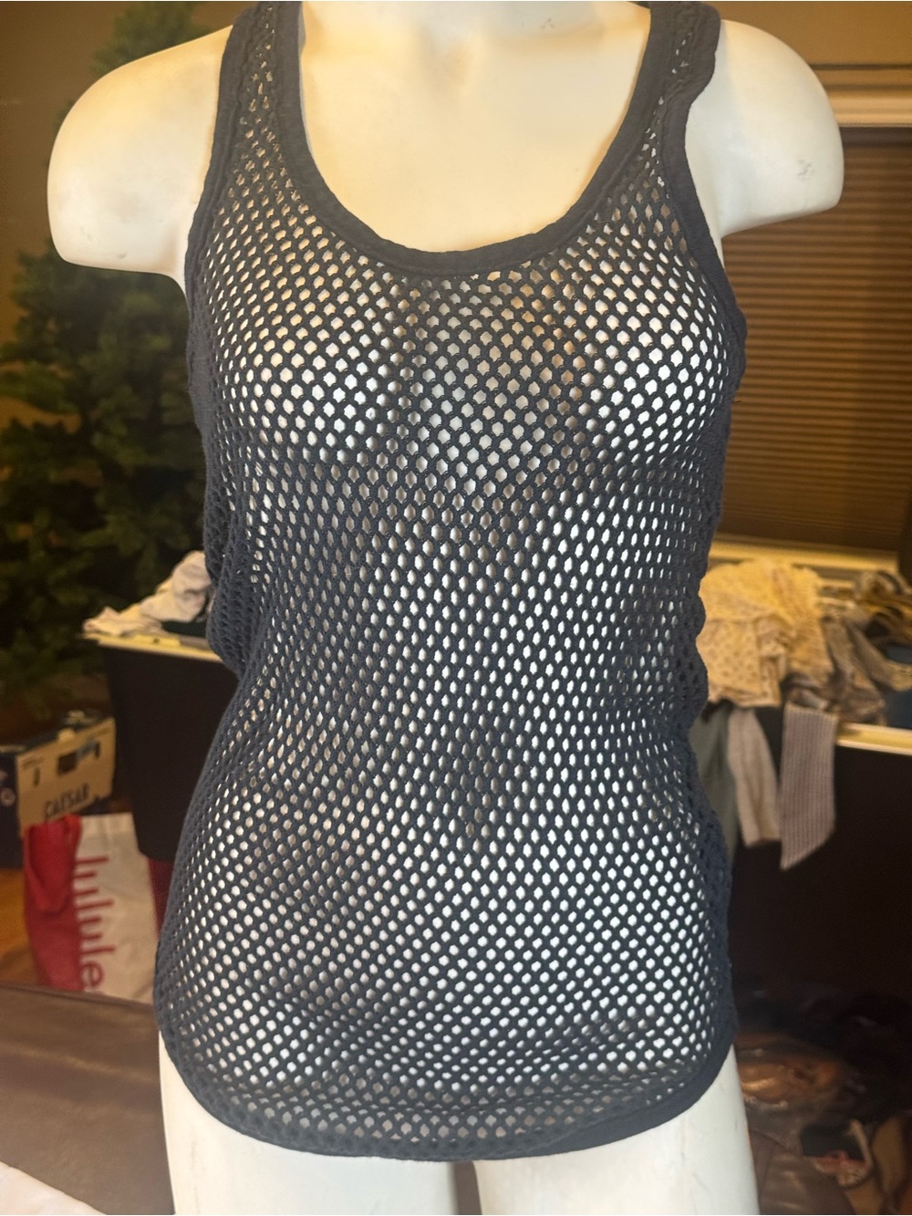 Isabel Marant Black Open Knit Mesh Racerback Tank Y2K Sheer Layering Fishnet Top